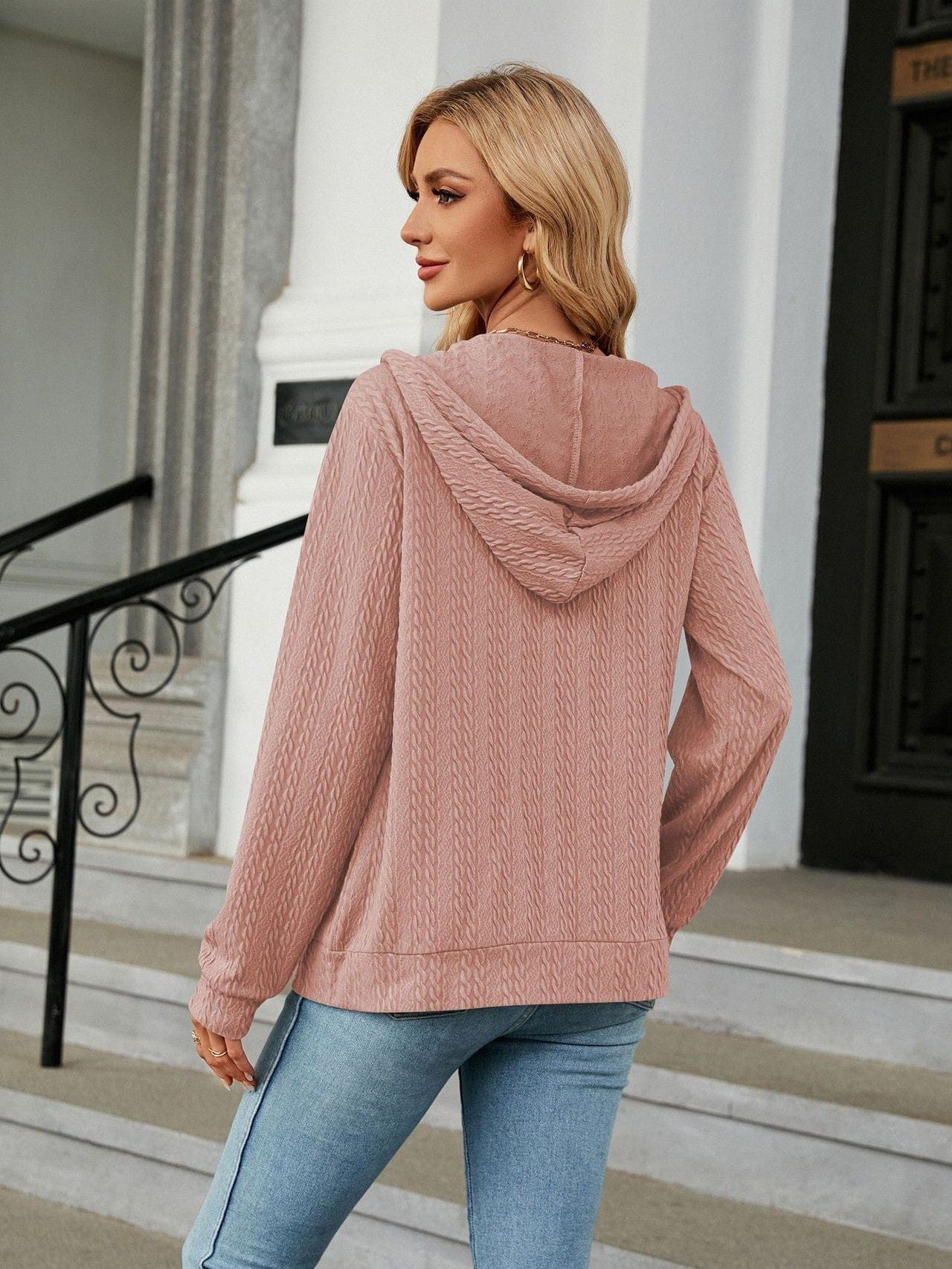 Zippered hooded drawstring sweatshirt knitted jacket