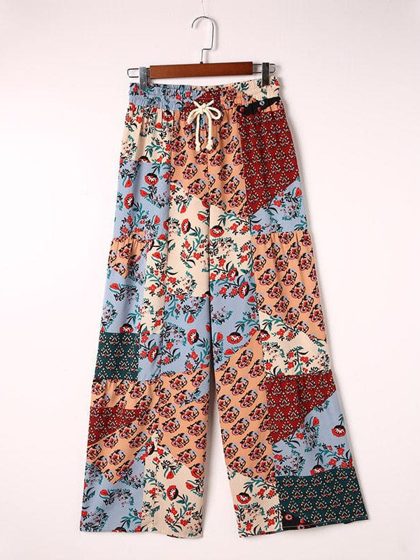 Drawstring High-Waisted Casual Trousers with Wide-Leg Print