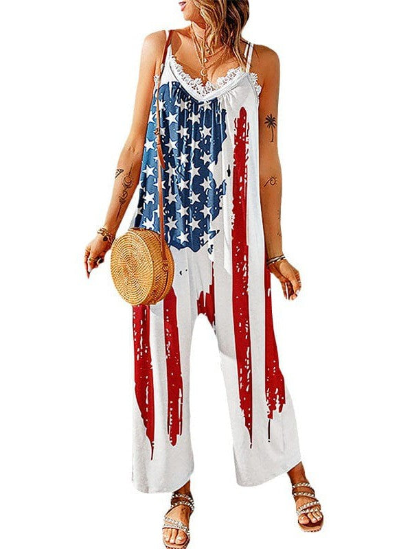 American Flag Print Sleeveless Jumpsuit for Women