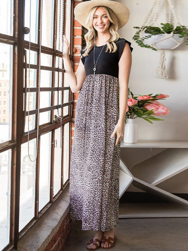Leopard Print Chiffon Long Skirt with High Waist and Flying Sleeves