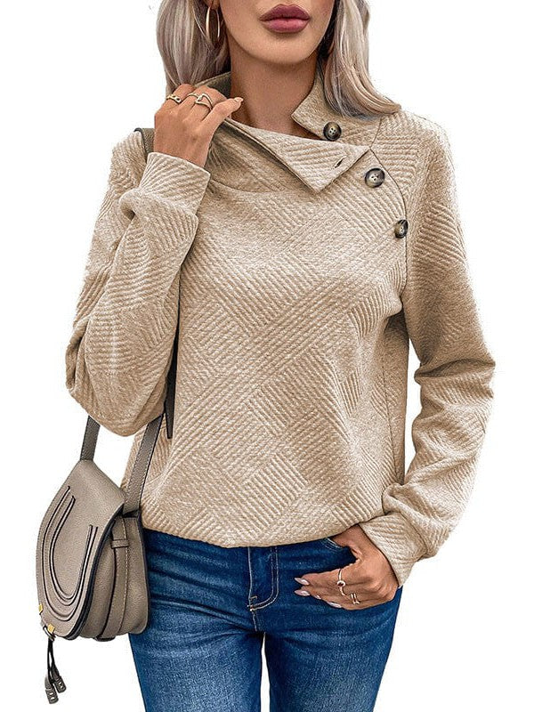 Asymmetric Collar Women's Pullover Sweatshirt with Button Embellishment