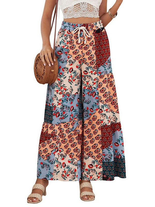 Drawstring High-Waisted Casual Trousers with Wide-Leg Print