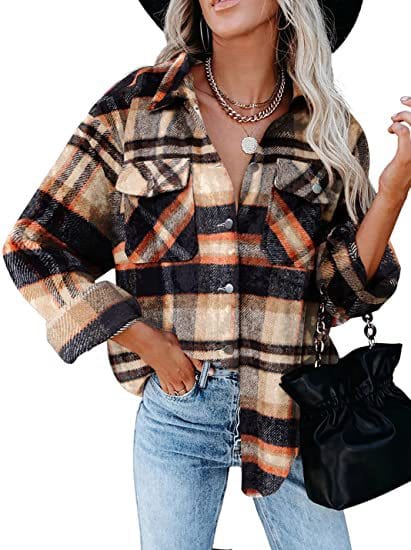 Plaid long-sleeve loose-pocket single-breasted wool coat
