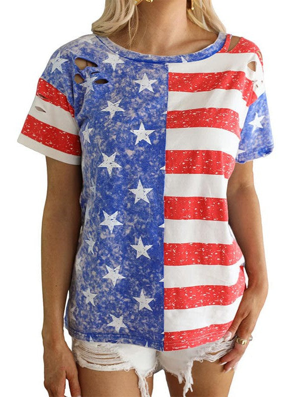 American Flag Print Loose Fit Short-sleeved Top with Ripped Hollow Detail T-shirt for Women