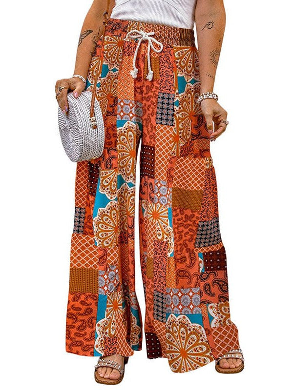 Drawstring High-Waisted Casual Trousers with Wide-Leg Print