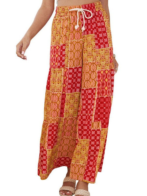 Drawstring High-Waisted Casual Trousers with Wide-Leg Print