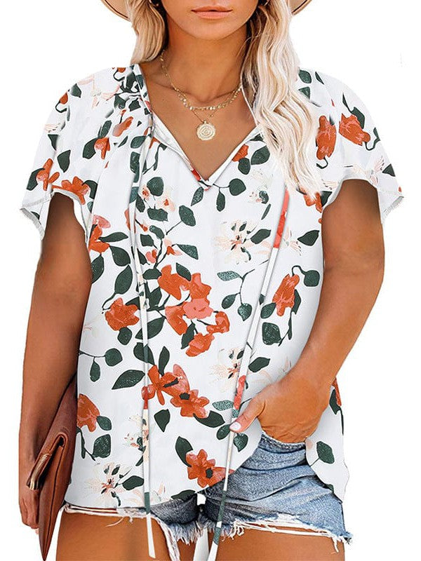 Chiffon V-Neck Floral Print Plus Size Top for Women