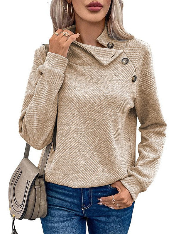 Asymmetric Collar Women's Pullover Sweatshirt with Button Embellishment