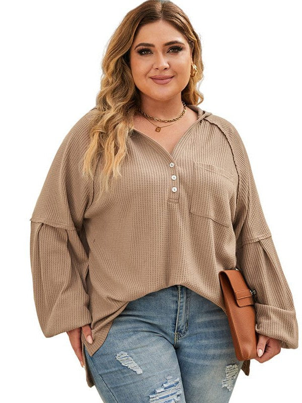 Plus Size Waffle Hooded Pullover Sweatshirt for Women
