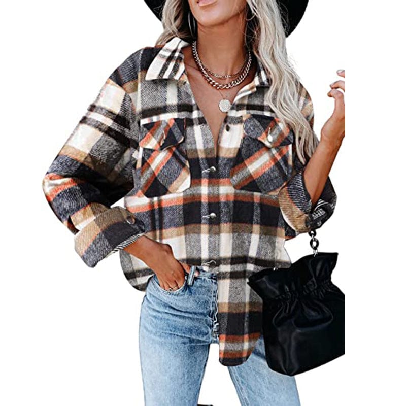 Plaid long-sleeve loose-pocket single-breasted wool coat