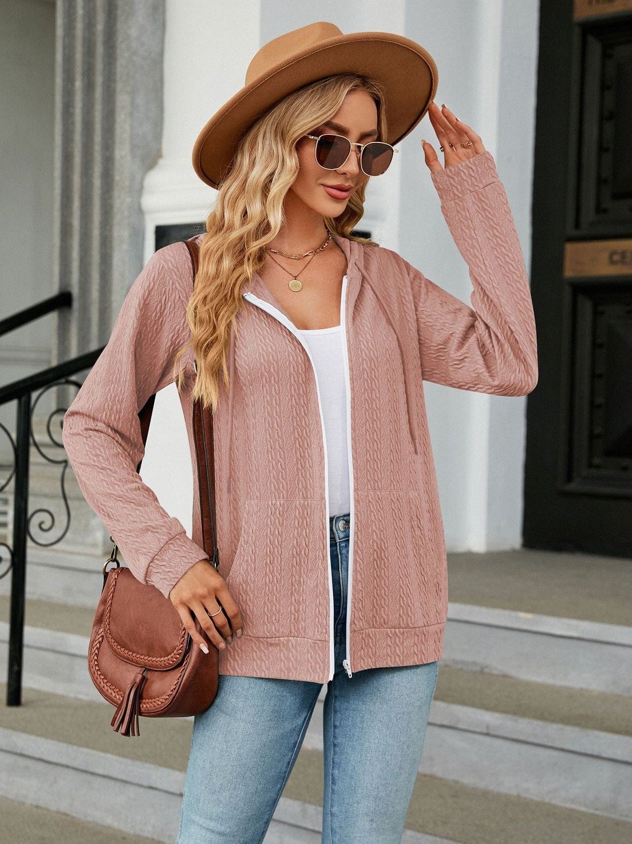 Zippered hooded drawstring sweatshirt knitted jacket