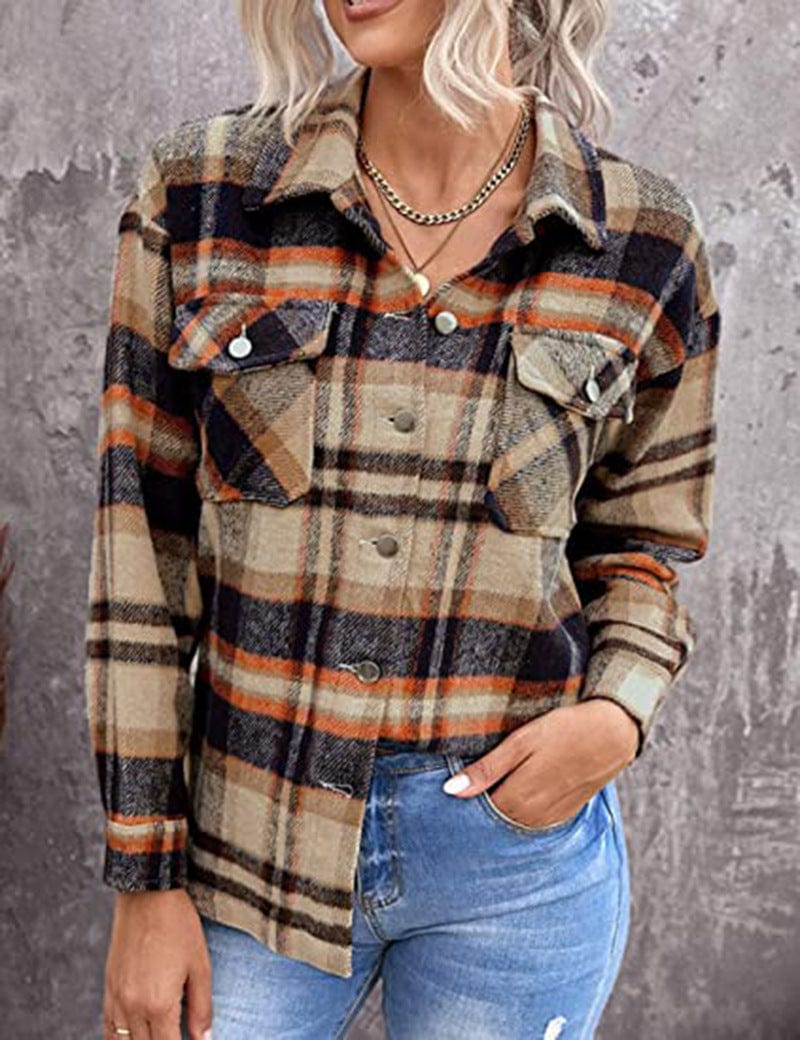Plaid long-sleeve loose-pocket single-breasted wool coat