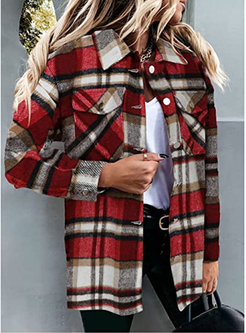 Plaid long-sleeve loose-pocket single-breasted wool coat