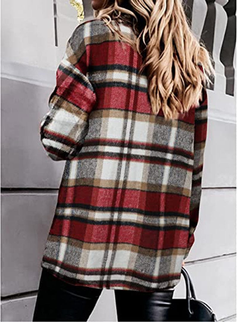 Plaid long-sleeve loose-pocket single-breasted wool coat
