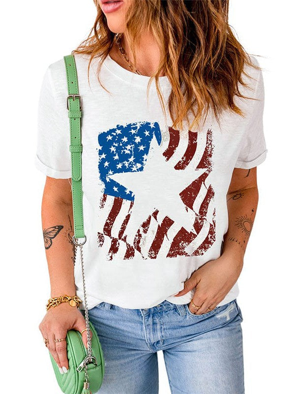 American Independence Day Women's T-Shirt with Star Print and Loose Fit Contrasting Round Neck Pullover
