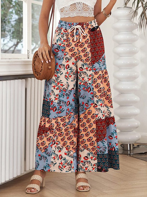 Drawstring High-Waisted Casual Trousers with Wide-Leg Print