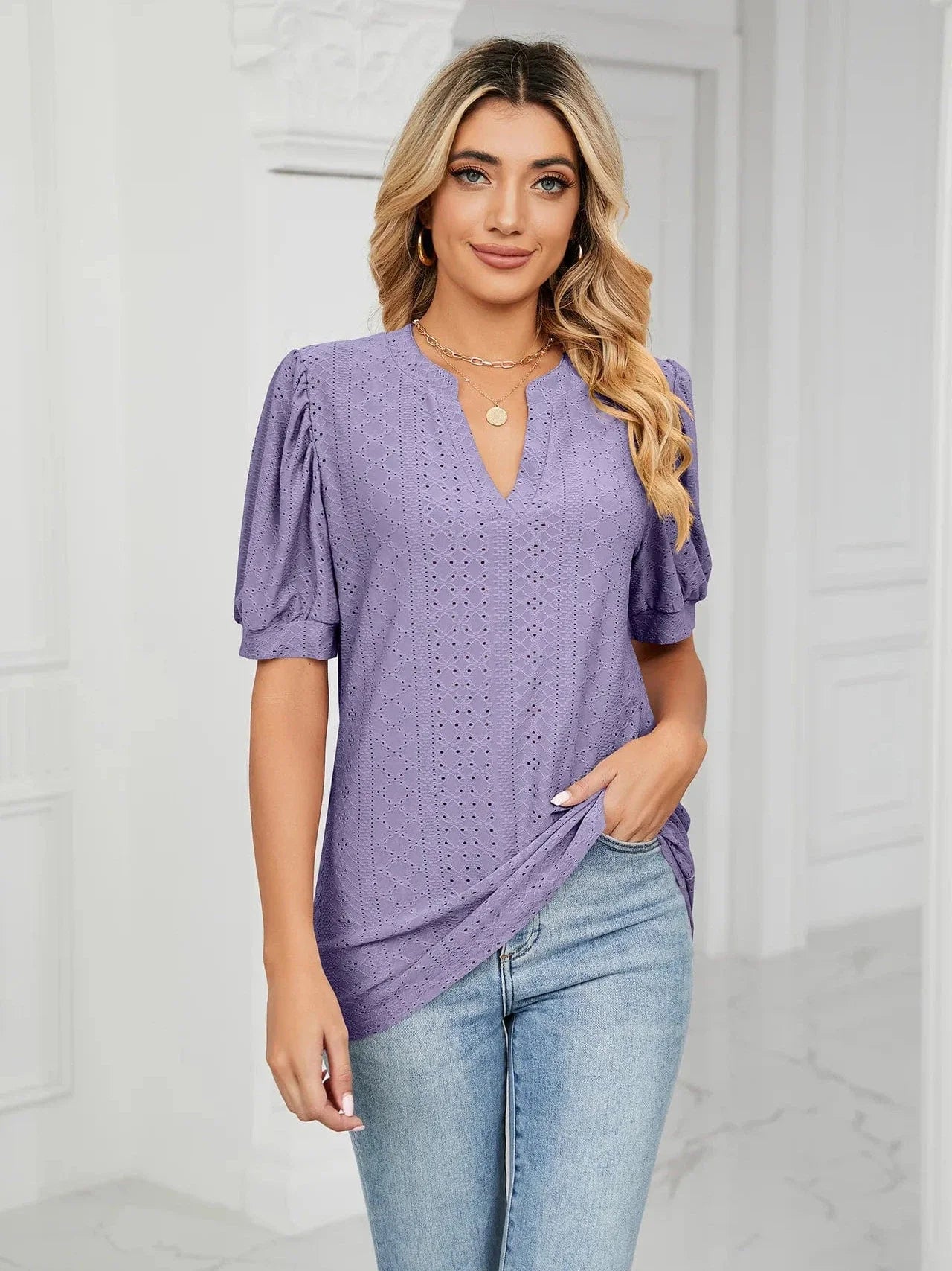 Summer New Clothing Casual Top for Women V-neck Shirts for Women Solid Color Hollow Bubble Sleeve Loose T Shirt Women Tops