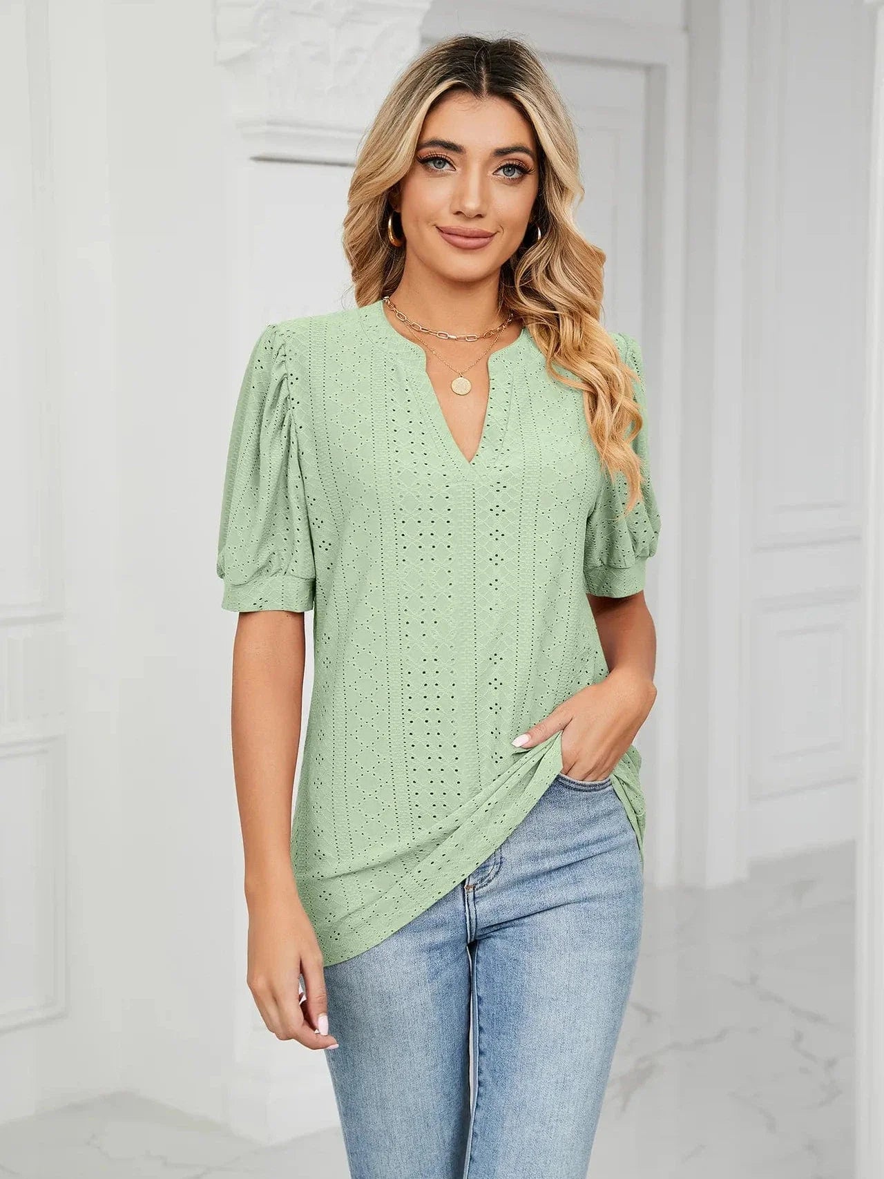 Summer New Clothing Casual Top for Women V-neck Shirts for Women Solid Color Hollow Bubble Sleeve Loose T Shirt Women Tops