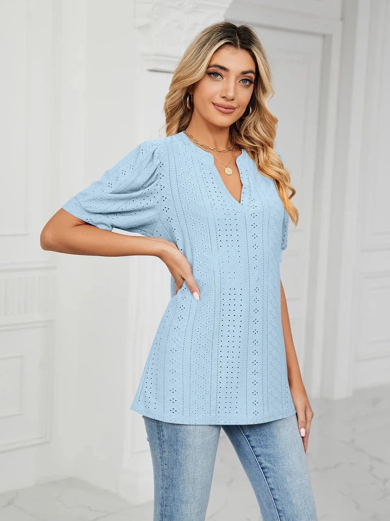 Summer New Clothing Casual Top for Women V-neck Shirts for Women Solid Color Hollow Bubble Sleeve Loose T Shirt Women Tops
