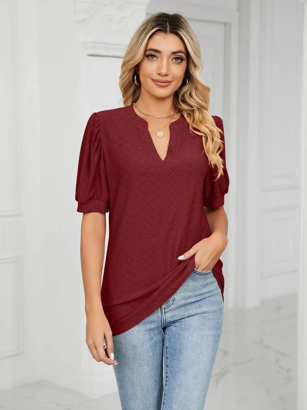 Summer New Clothing Casual Top for Women V-neck Shirts for Women Solid Color Hollow Bubble Sleeve Loose T Shirt Women Tops