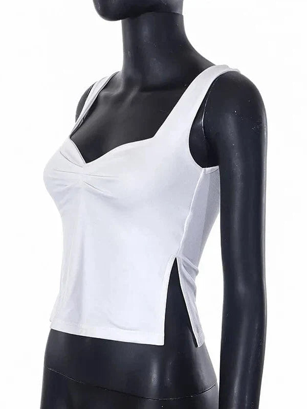 Vintage Square Neck Slit Hem Backless Cropped Tank Top