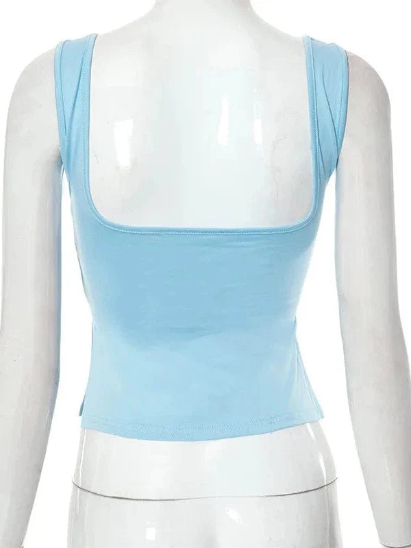 Vintage Square Neck Slit Hem Backless Cropped Tank Top