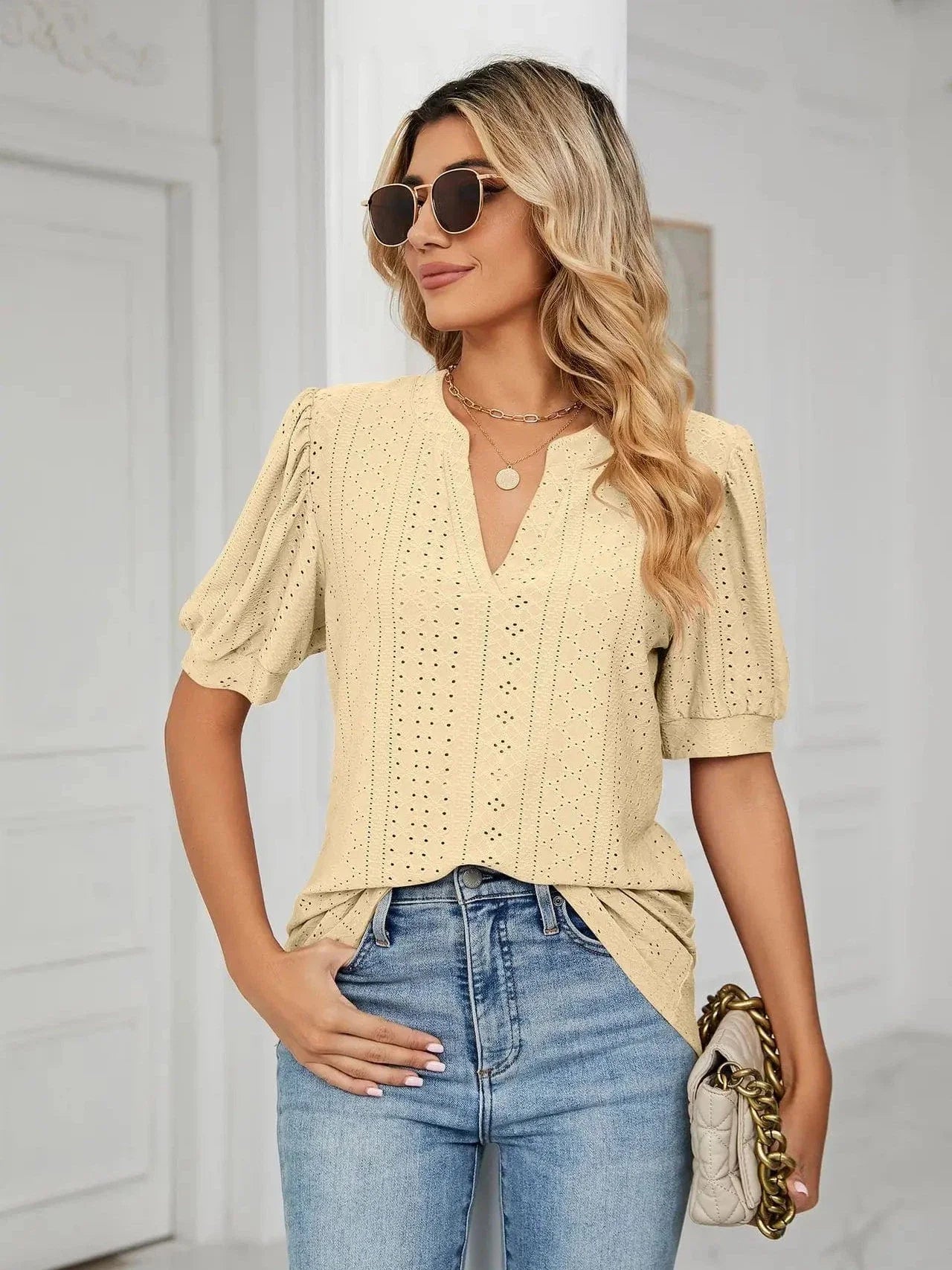 Summer New Clothing Casual Top for Women V-neck Shirts for Women Solid Color Hollow Bubble Sleeve Loose T Shirt Women Tops