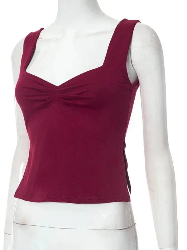 Vintage Square Neck Slit Hem Backless Cropped Tank Top