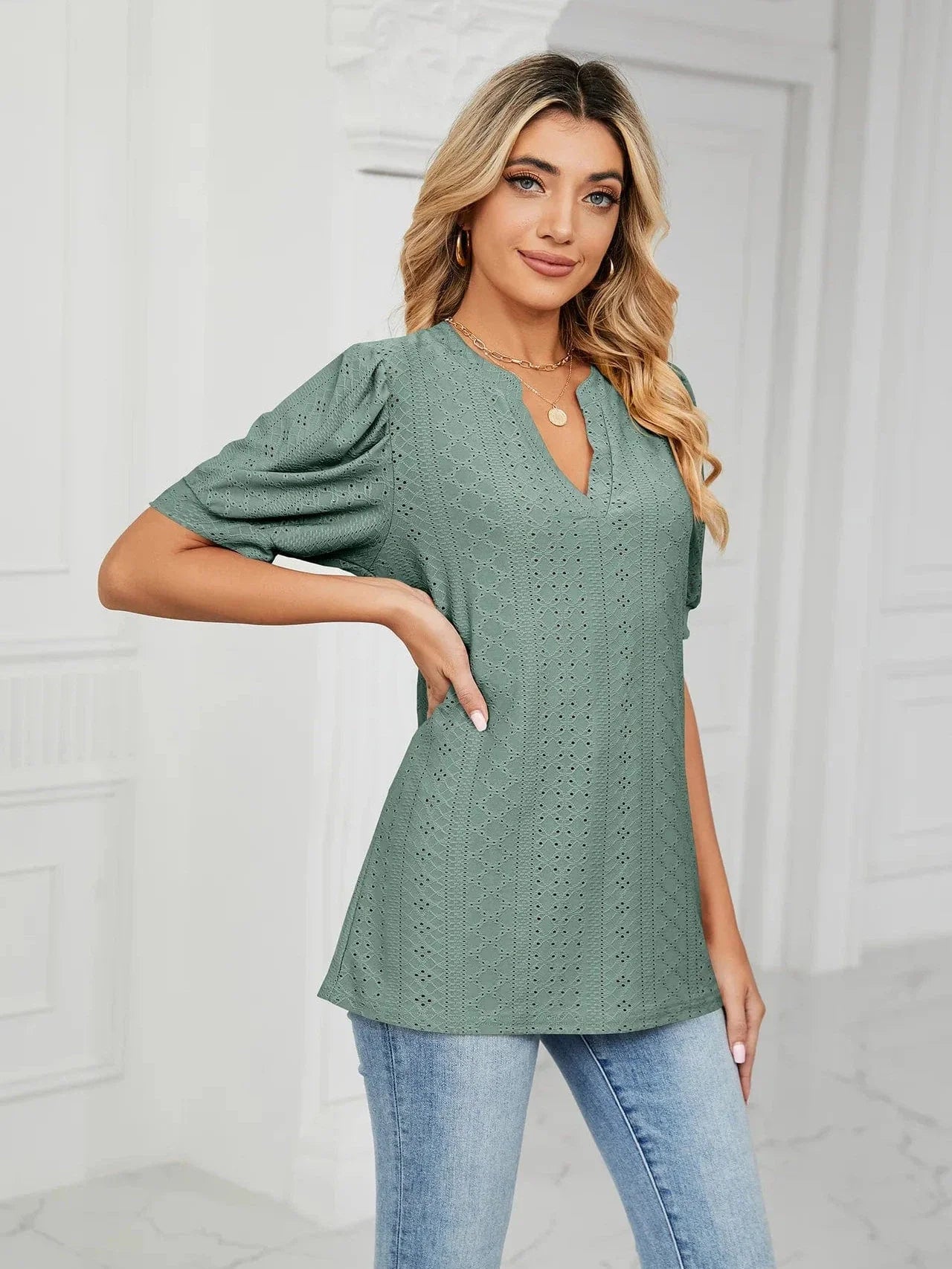 Summer New Clothing Casual Top for Women V-neck Shirts for Women Solid Color Hollow Bubble Sleeve Loose T Shirt Women Tops