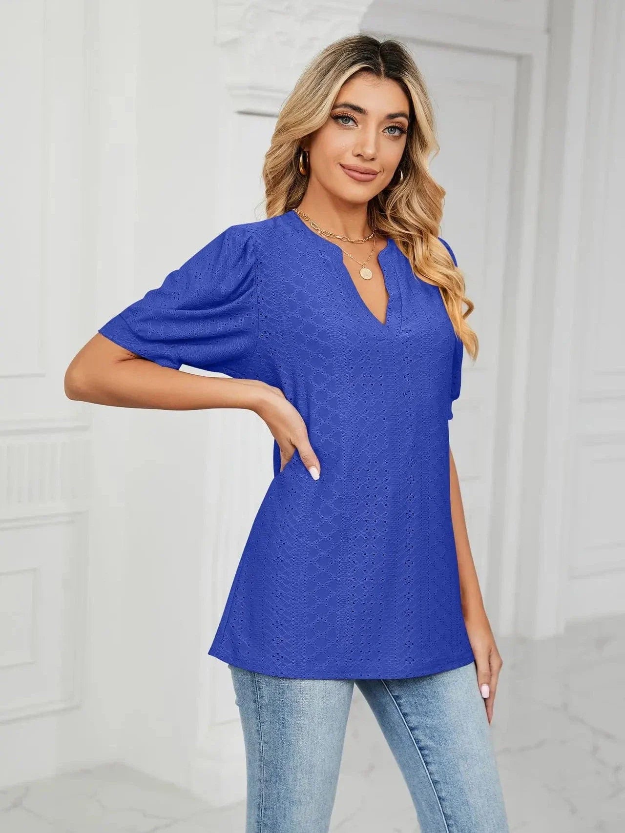 Summer New Clothing Casual Top for Women V-neck Shirts for Women Solid Color Hollow Bubble Sleeve Loose T Shirt Women Tops