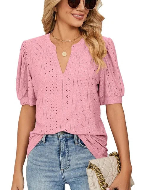 Summer New Clothing Casual Top for Women V-neck Shirts for Women Solid Color Hollow Bubble Sleeve Loose T Shirt Women Tops