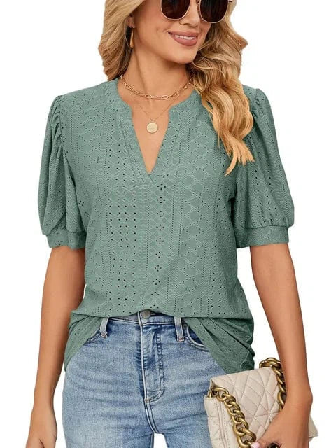 Summer New Clothing Casual Top for Women V-neck Shirts for Women Solid Color Hollow Bubble Sleeve Loose T Shirt Women Tops
