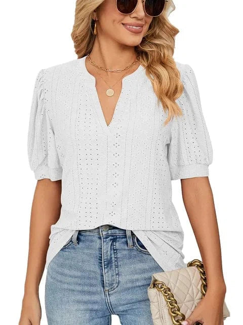 Summer New Clothing Casual Top for Women V-neck Shirts for Women Solid Color Hollow Bubble Sleeve Loose T Shirt Women Tops