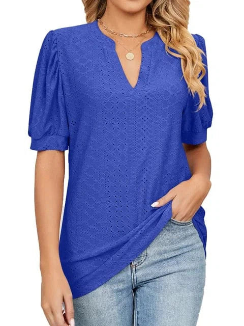 Summer New Clothing Casual Top for Women V-neck Shirts for Women Solid Color Hollow Bubble Sleeve Loose T Shirt Women Tops
