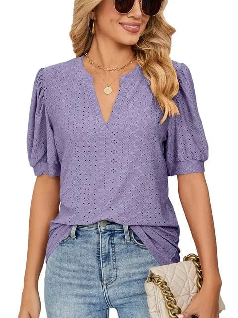 Summer New Clothing Casual Top for Women V-neck Shirts for Women Solid Color Hollow Bubble Sleeve Loose T Shirt Women Tops