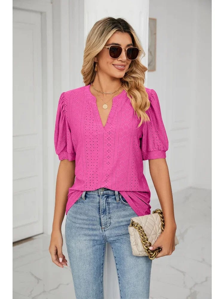 Summer New Clothing Casual Top for Women V-neck Shirts for Women Solid Color Hollow Bubble Sleeve Loose T Shirt Women Tops
