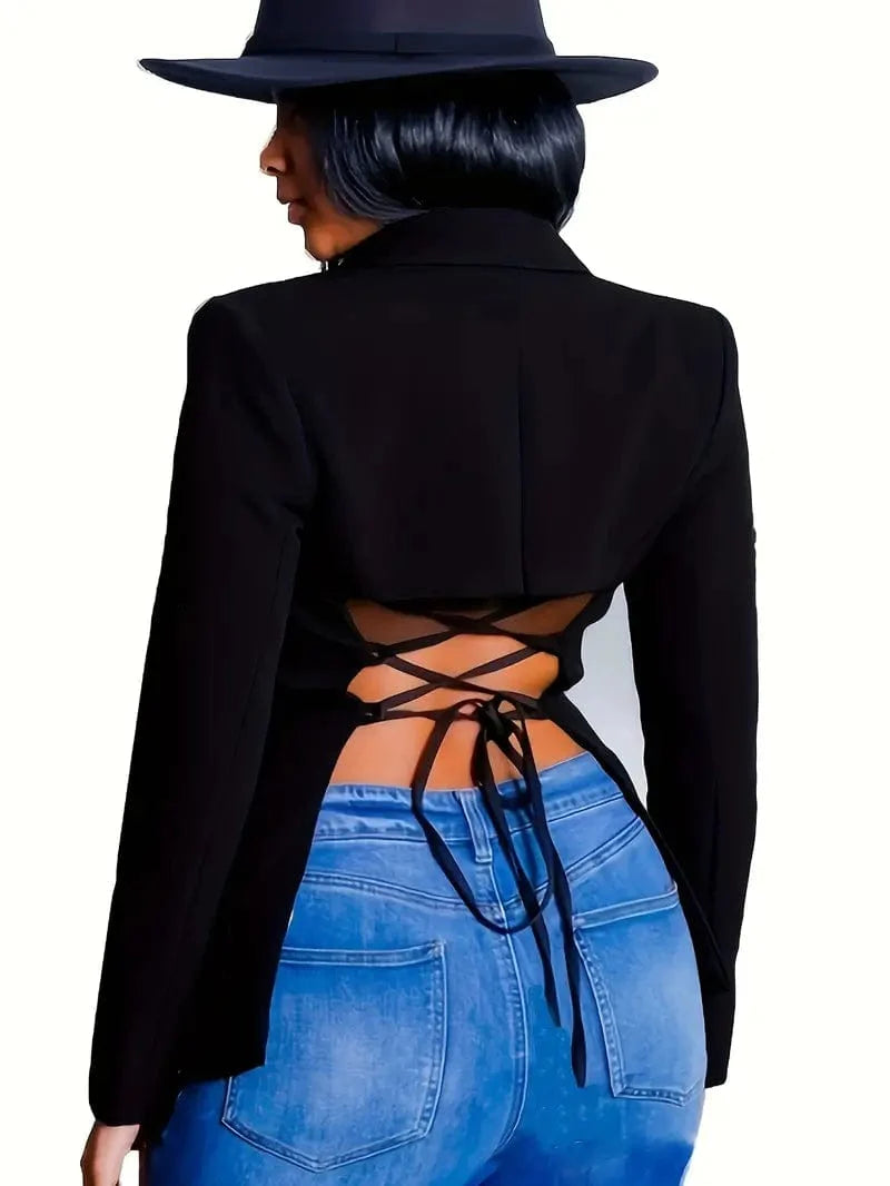 Solid Blazer with Tie Back and Casual Lapel, Long Sleeve Outerwear for Women