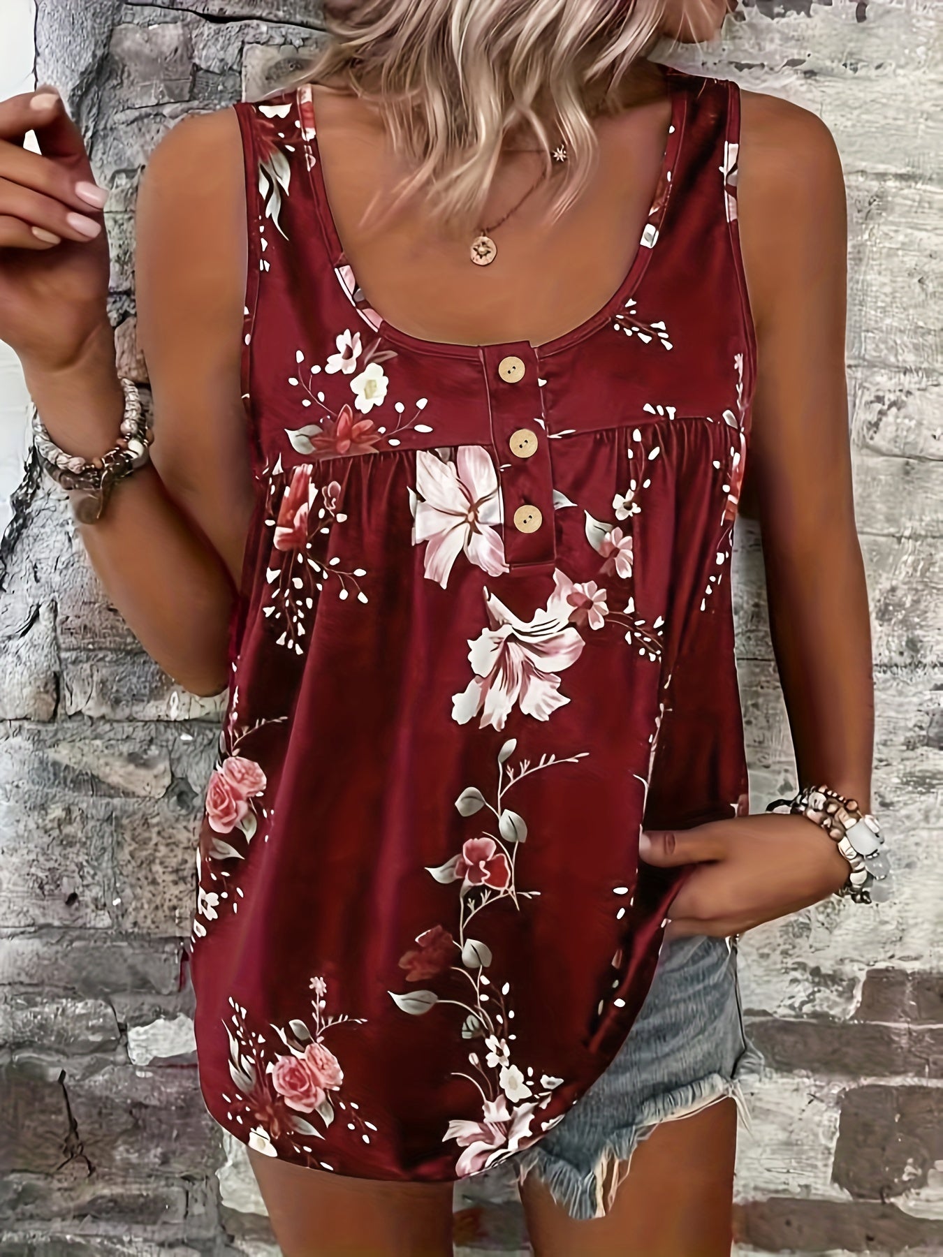 Floral Print Plus Size Henley Tank Top for Women