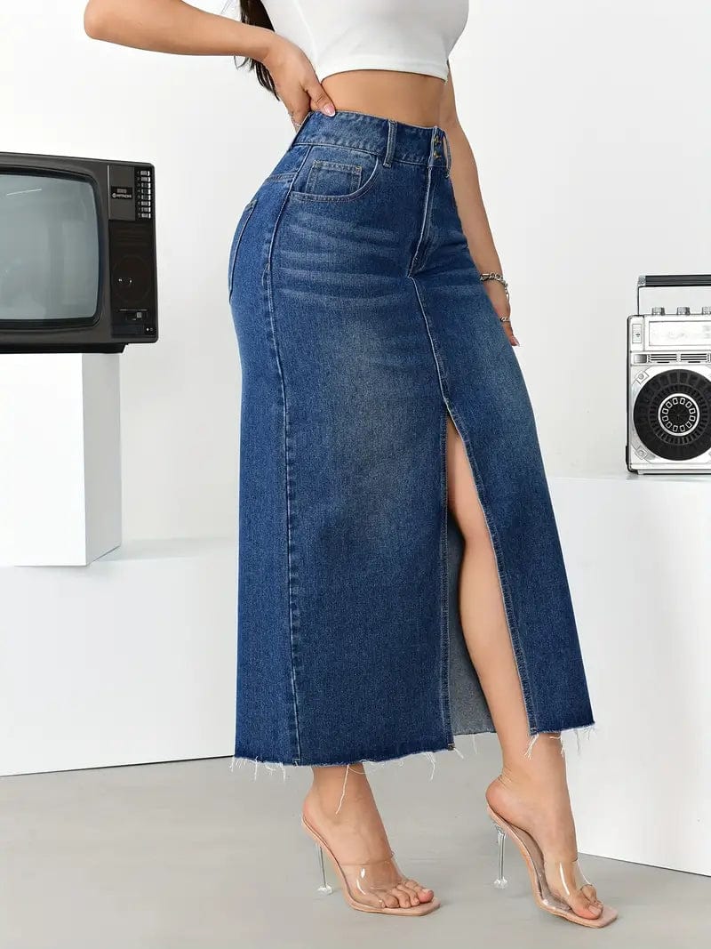 Split Denim Midi Skirt with High Waist and Stylish Slant Pockets