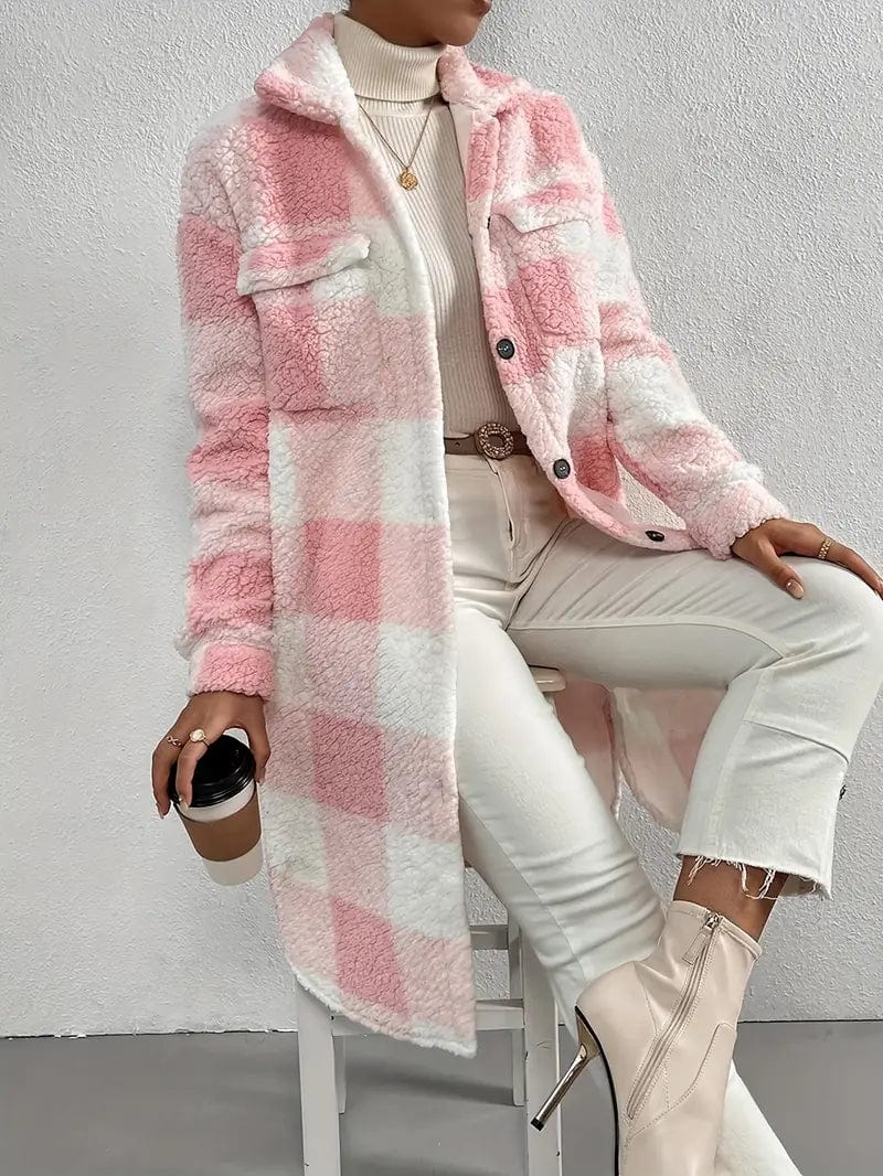 Plaid Pattern Teddy Coat, Stylish Open Front Long Sleeve Outerwear, Women's Garment