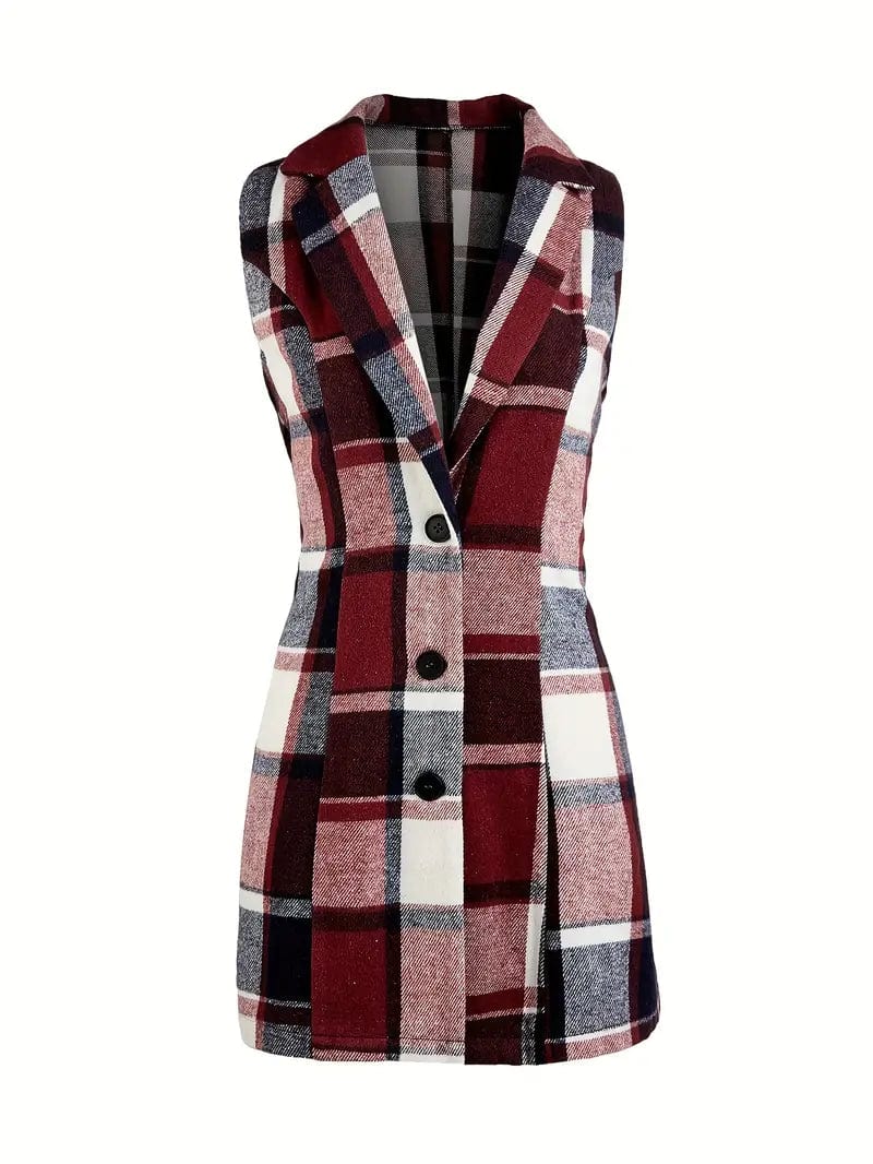 Sleeveless Plaid Lapel Blazer, Casual Single Breasted Outerwear, Women's Apparel