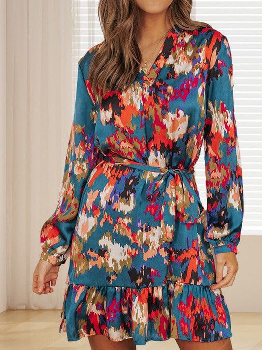 Abstract floral chiffon dress with v-neck and ruffled sleeves for women