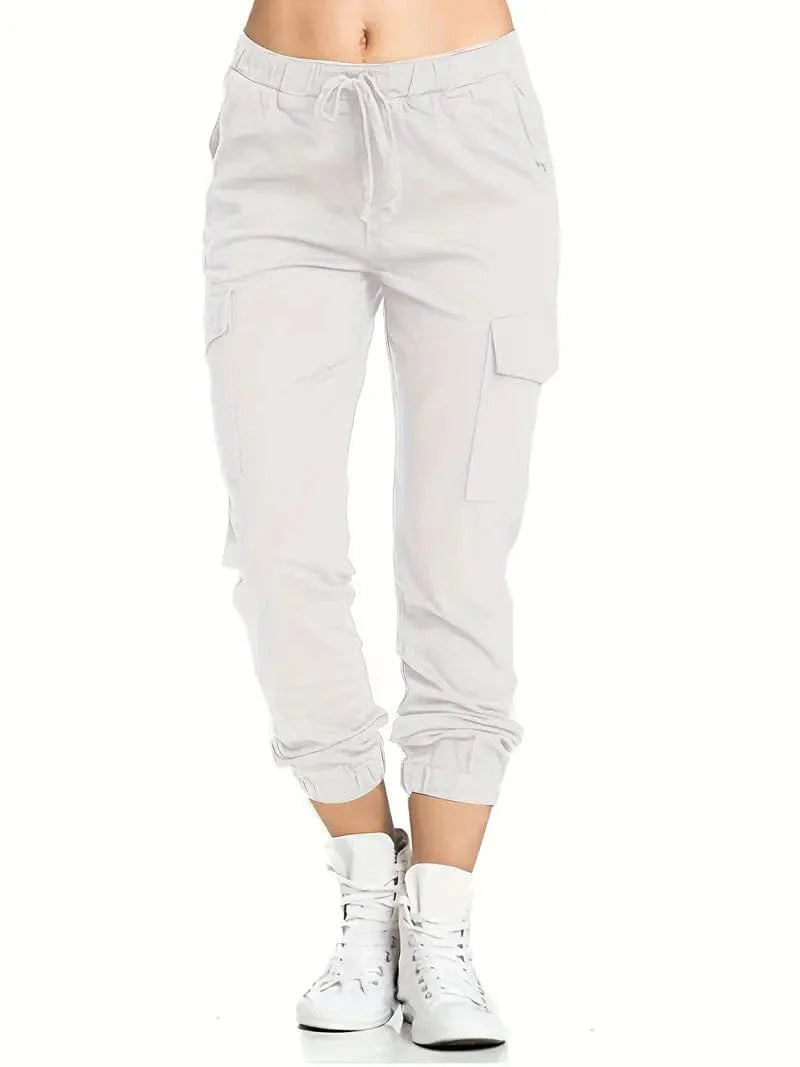 Solid Drawstring Cargo Pants for Y2K, Elastic Waist Casual Trousers With Pockets, Women's Clothing