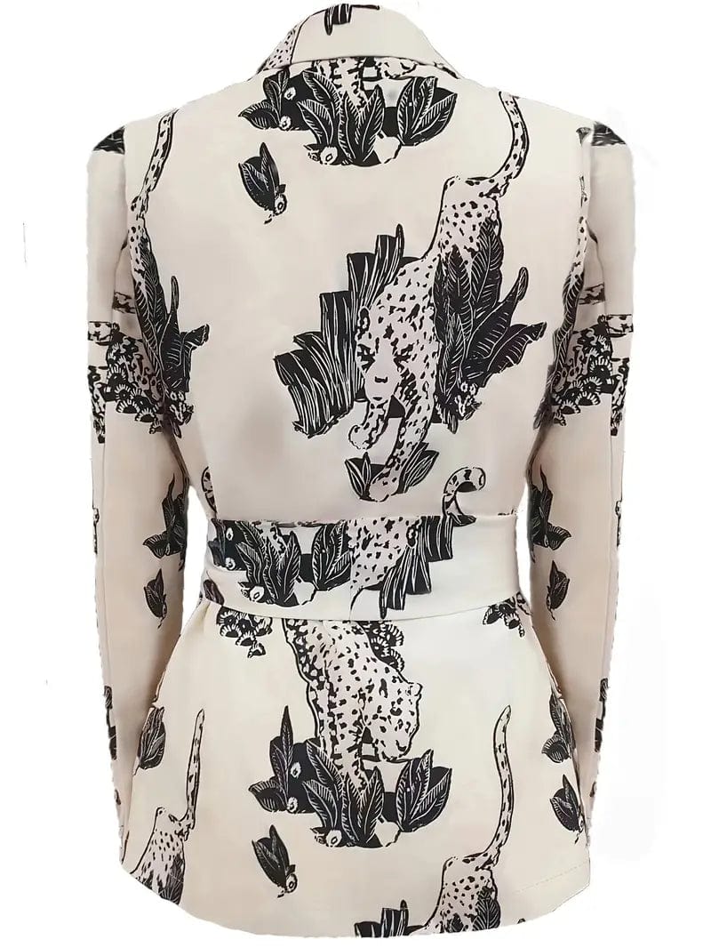 All-Over Print Lapel Neck Blazer with Belt and Long Sleeves, Stylish Workwear Blazer for Women