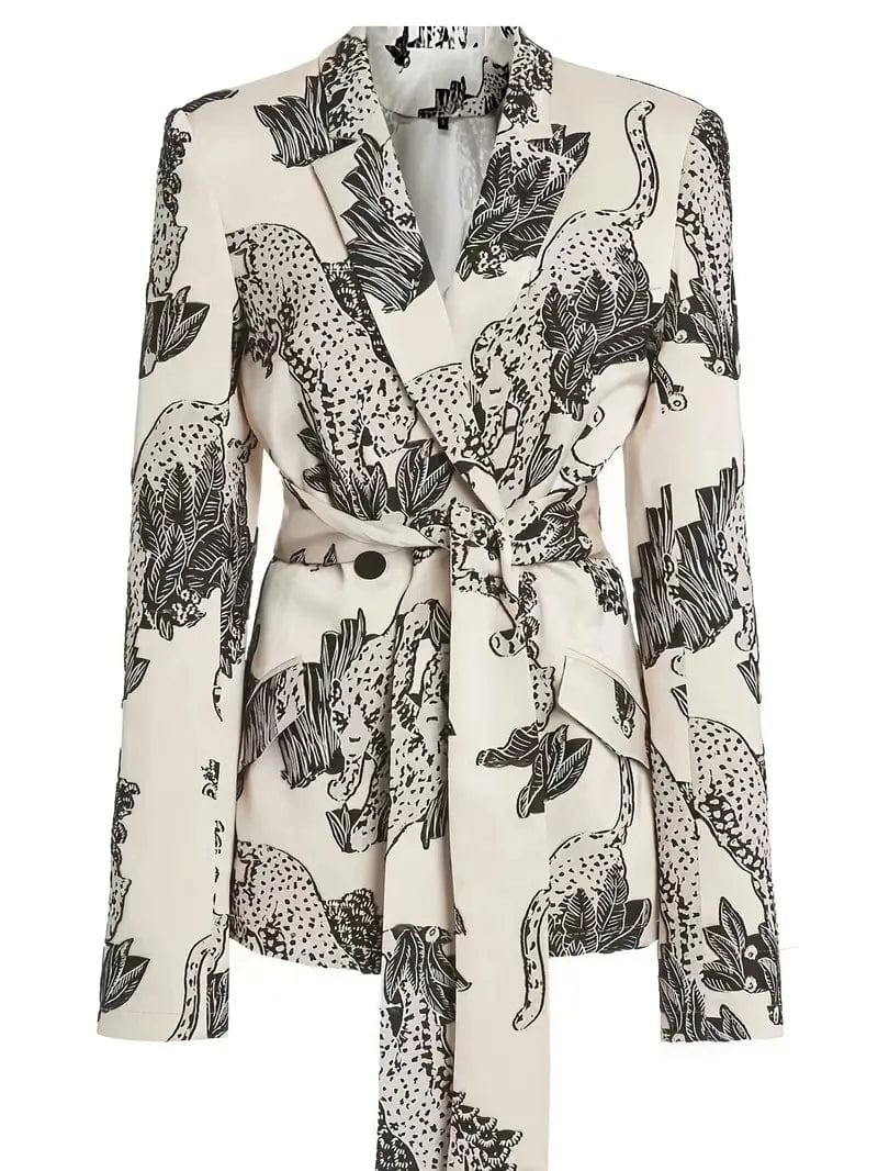 All-Over Print Lapel Neck Blazer with Belt and Long Sleeves, Stylish Workwear Blazer for Women