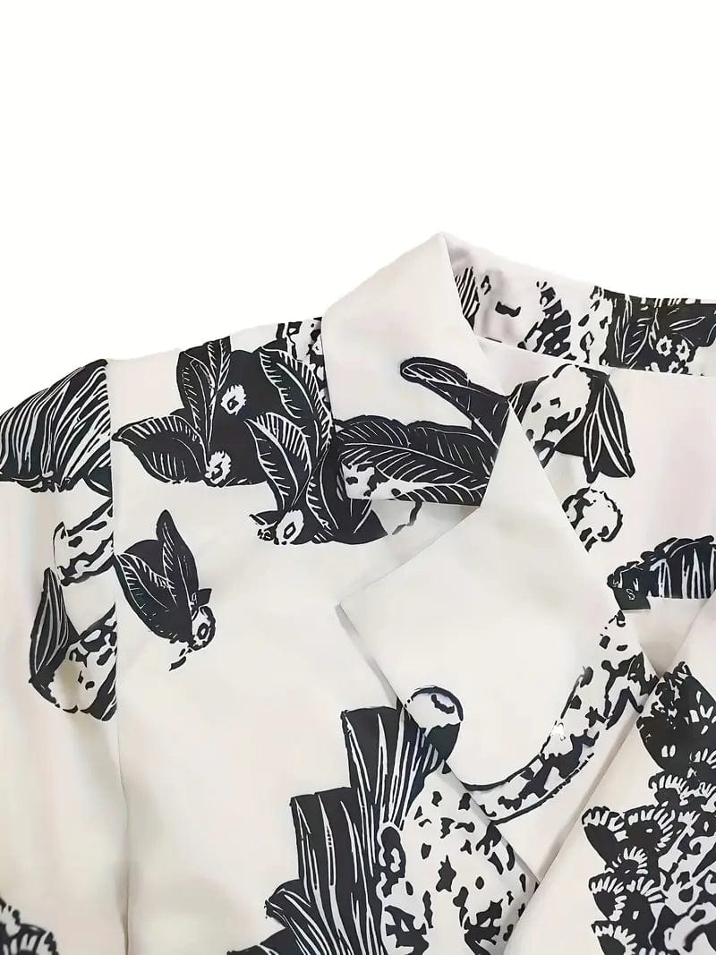 All-Over Print Lapel Neck Blazer with Belt and Long Sleeves, Stylish Workwear Blazer for Women
