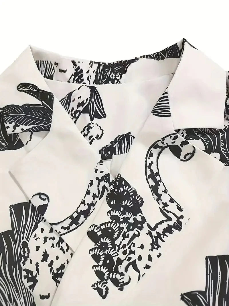 All-Over Print Lapel Neck Blazer with Belt and Long Sleeves, Stylish Workwear Blazer for Women