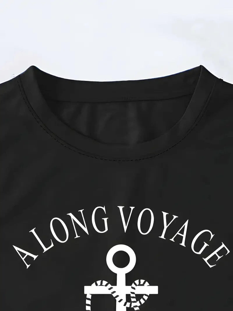 Anchor & Alphabet Printed T-shirt, Short Sleeve Crew Neck Casual Top In Women's Clothing
