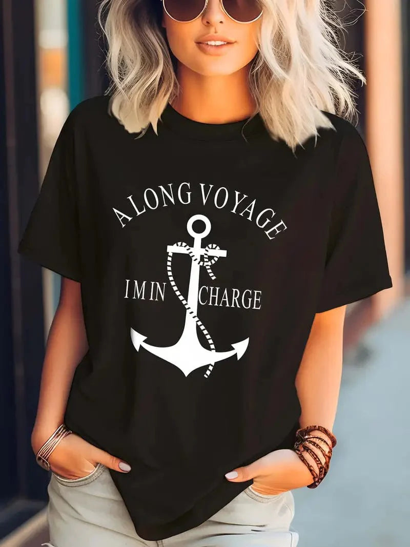 Anchor & Alphabet Printed T-shirt, Short Sleeve Crew Neck Casual Top In Women's Clothing