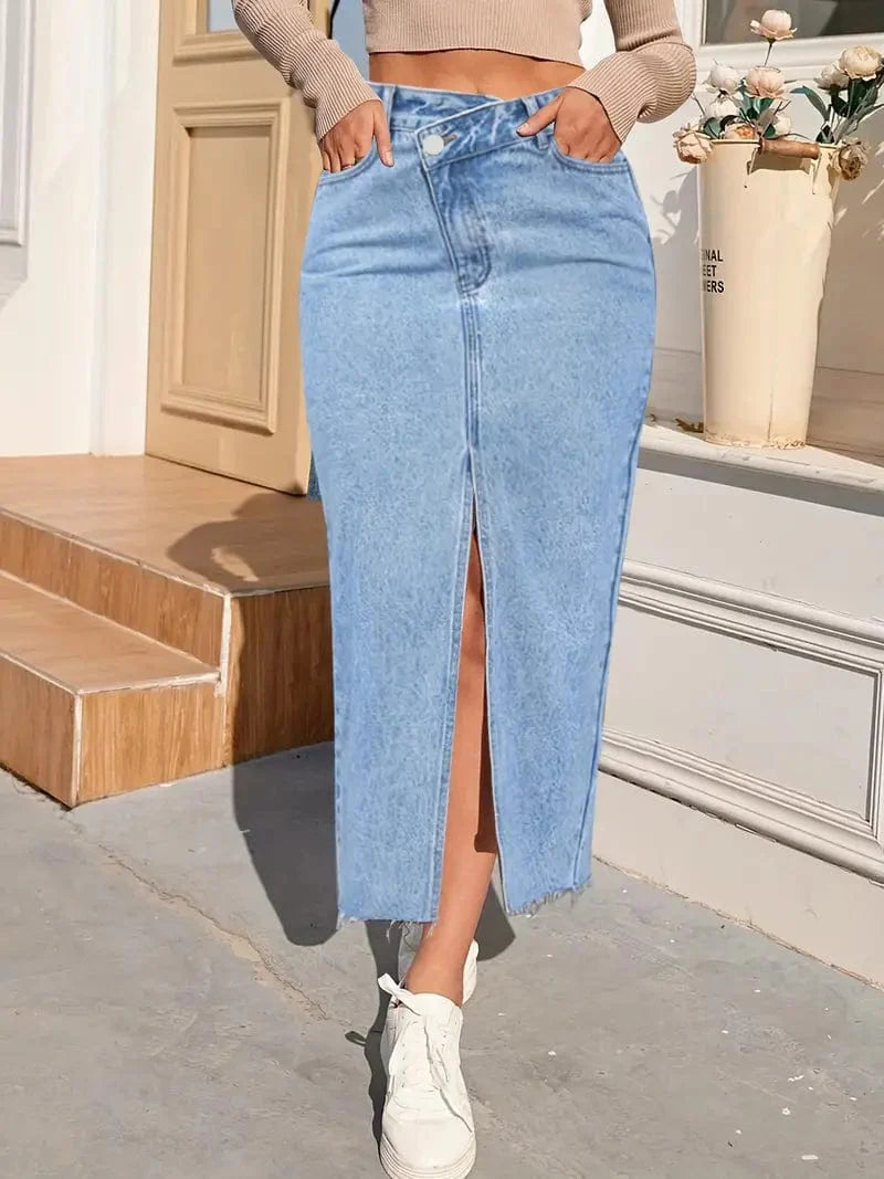 Asymmetrical Slant Denim Midi Skirt with Raw Cut Detail & Waist Split - Women's Casual Denim Apparel